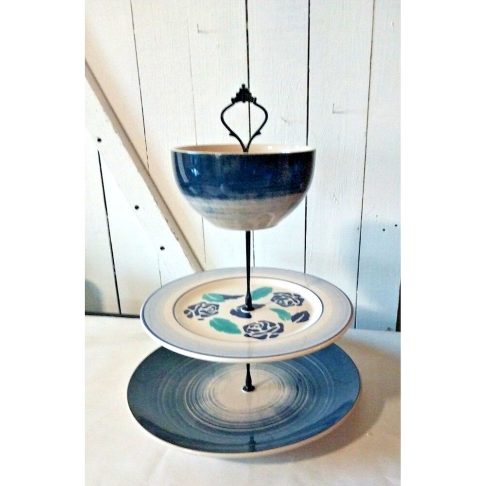 Three Tier Serving / Display Tray Bowl Piece Blue, White Swirl & Floral Ceramic